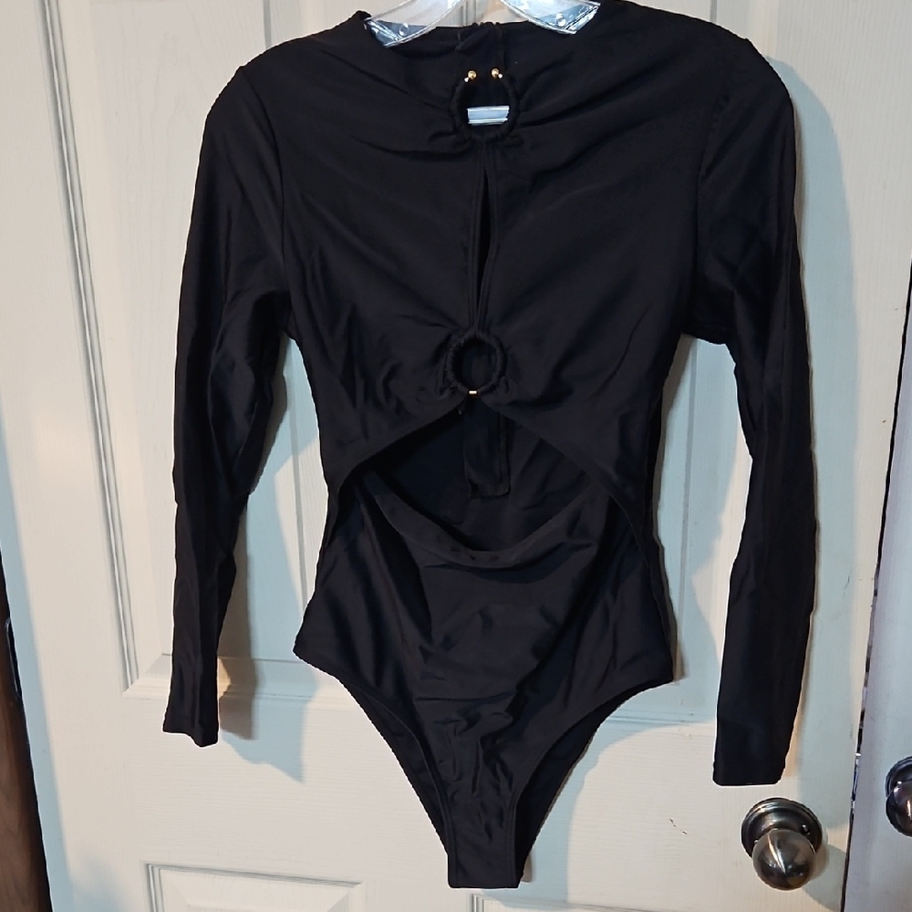 LAFY KOLY LONG SLEEVE BLACK ONE PIECE SWIMSUIT & TROPICAL SWIM CAP: NIP: SIZE S